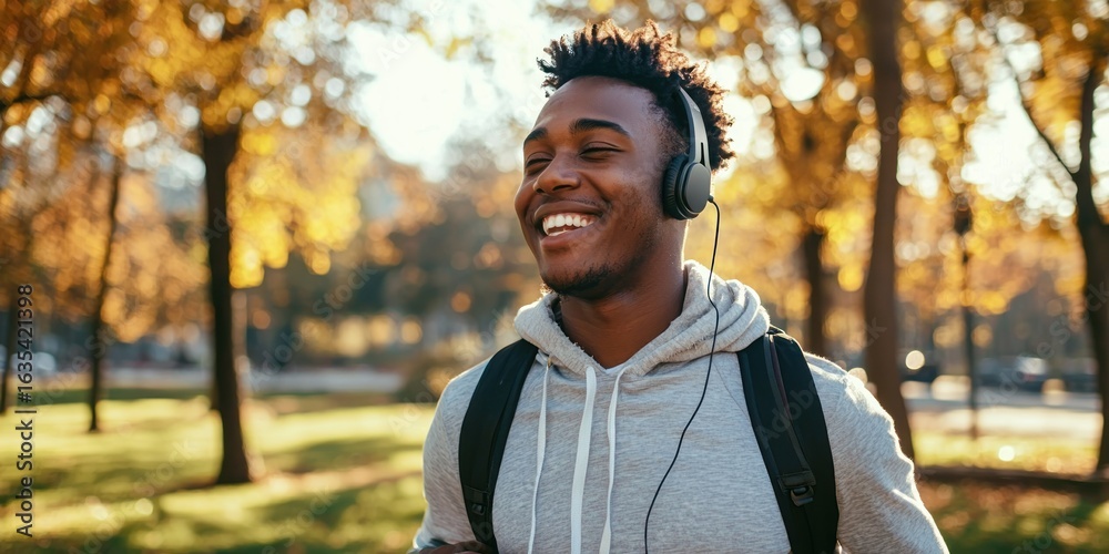 Obraz premium A jogger in a park listening to a podcast while running