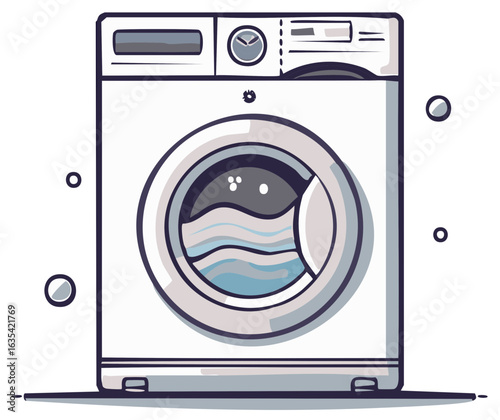 Stylized Washing Machine Icon Illustration with Water and Bubbles Design