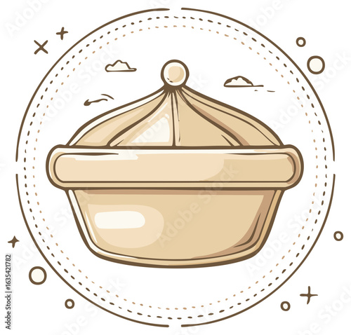 Cartoon Illustration of Covered Dish Inside Decorative Circle with Stars and Clouds