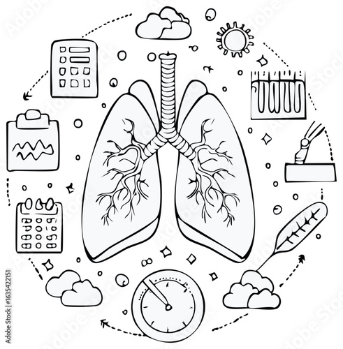 Medical diagram illustrating the respiratory system with surrounding health monitoring elements