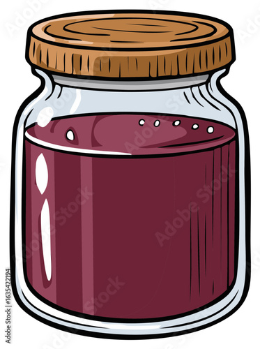 Glass jar with maroon liquid and wooden screw cap filled with bubbles