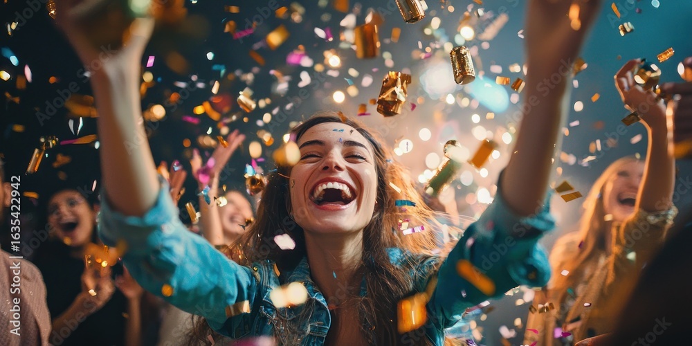 Obraz premium A joyful New Yearâ€™s Eve party scene with people throwing confetti