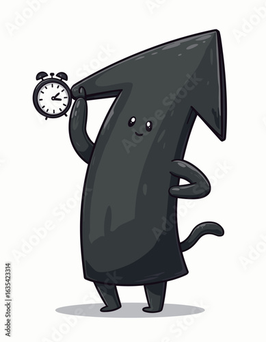 Black cartoon cat arrow holding a clock