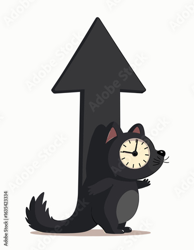 Black cartoon cat arrow with clock face