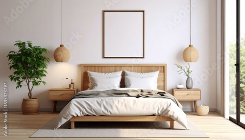 Serene Bedroom Interior with Natural Light Wooden Accents and Blank Frame.