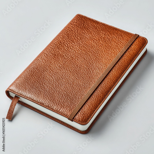 Brown leather notebook with elastic band and bookmark on white