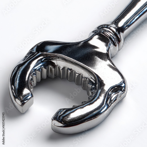 Close up of shiny metal wrench with serrated jaw for gripping bolts
