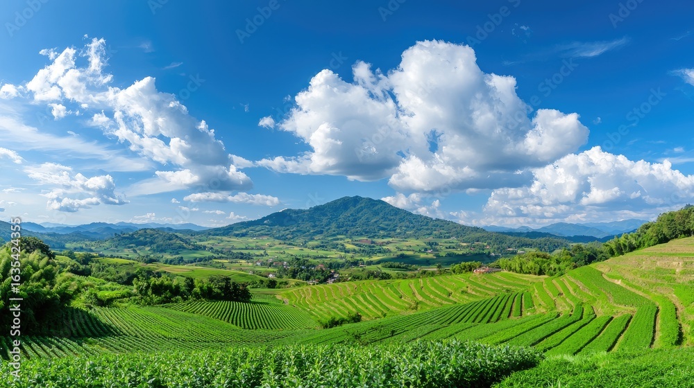 Fototapeta premium Lush Green Tea Fields Under Bright Blue Sky with Fluffy White Clouds and Mountain Backdrop in Scenic Landscape