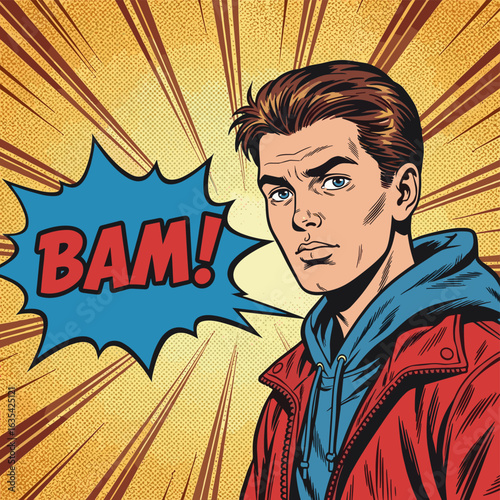 Comic book art of a young man with bam sound effect pop art illustration
