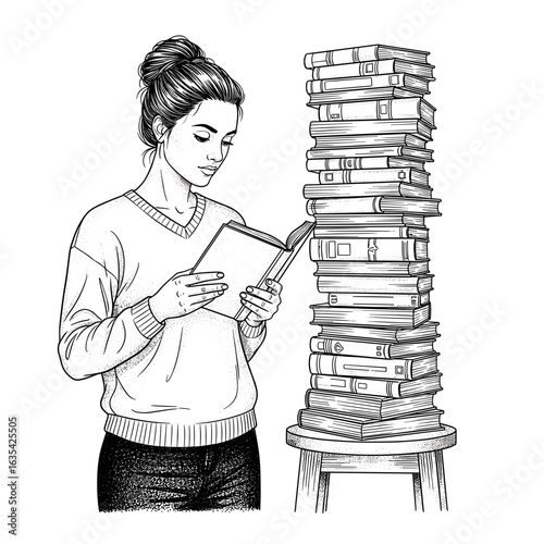 Woman reading book next to stack of books illustration black and white