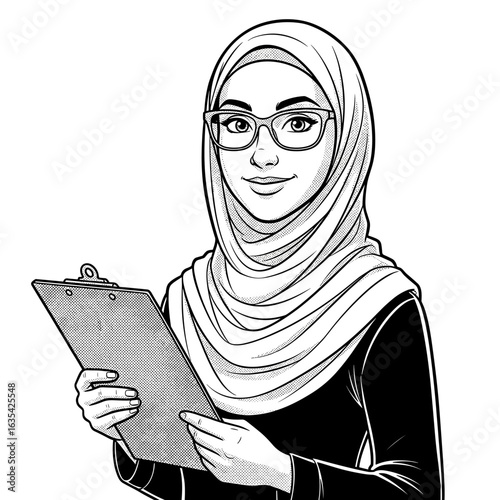Illustration of muslim woman with hijab holding clipboard business look