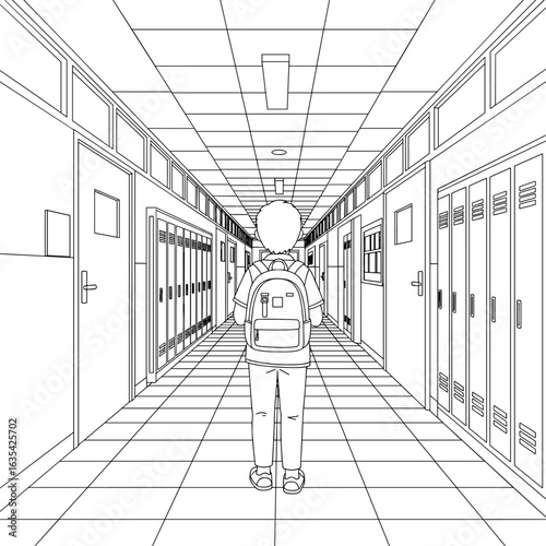 School hallway student walking drawing line art education illustration