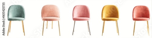 Four colorful velvet dining chairs with gold legs