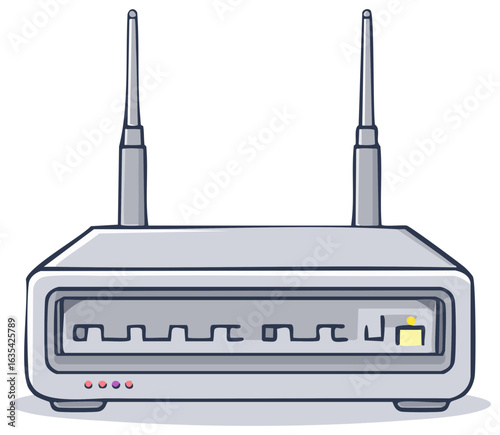 Cartoon style wireless router with two antennas and LED lights indicating connectivity