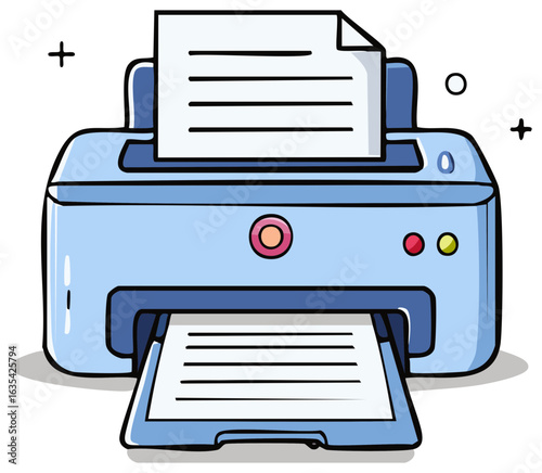 Cartoon Style Blue Printer Producing Document With Plus and Circle Decoration
