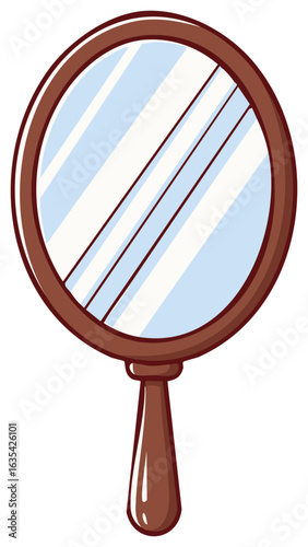 Round Handheld Mirror with Brown Handle Reflection for Personal Grooming and Beauty Enhancements