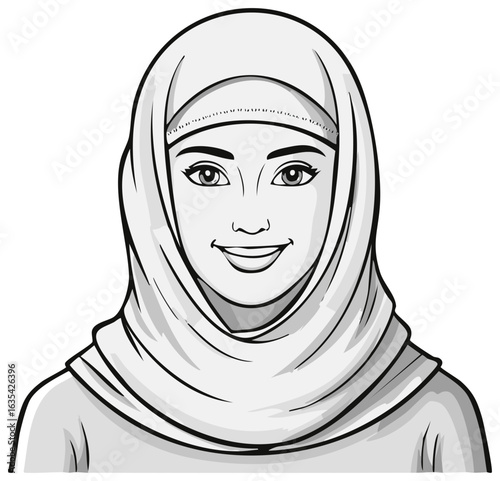 Smiling woman in hijab, black and white illustration, traditional cultural attire.