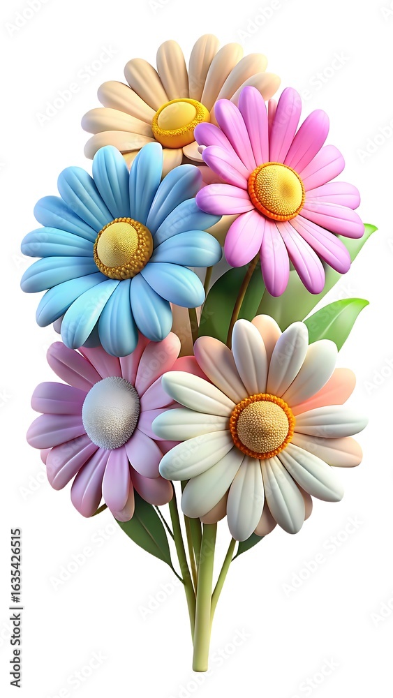 Fototapeta premium A cheerful bouquet of pastel colored daisies with yellow centers and green leaves on a white background