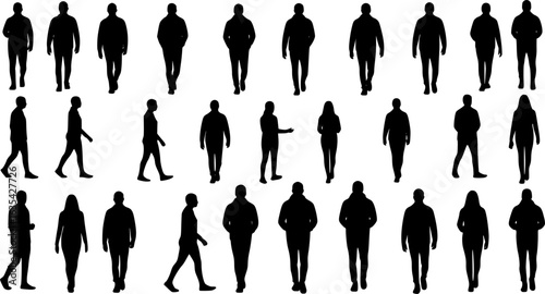 Silhouettes of different People Standing and walking Rear View. Male and Female, couple Characters Back View vector monochrome illustrations, icons Isolated
