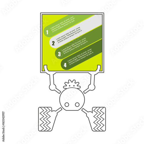 Funny robot holds a box. Delivery company presentation. Four features or option of project to select. Minimal infographic illustration for business and transportation information visualization.