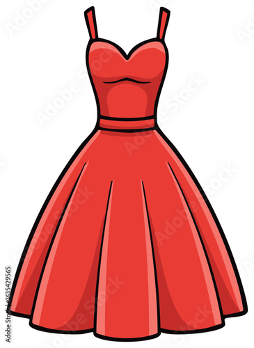 Vibrant red elegant evening dress with sweetheart neckline and pleated skirt illustration