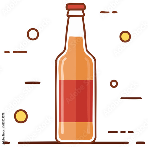 Glass bottle of beer or craft ale with blank red label. Flat design cartoon vector icon.