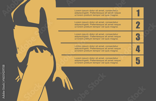 Beautiful fashion model posing. Young attractive woman in bikini. Five features or option to select. Minimal infographic illustration for travel and leisure activity information visualization.
