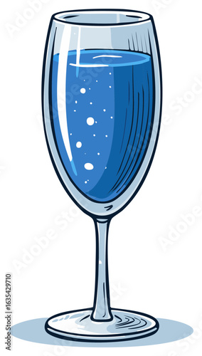 Sparkling blue liquid in wine glass with bubbles, refreshing beverage illustration