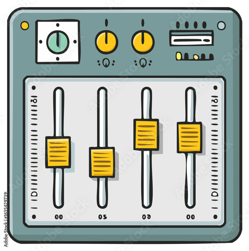 Doodle style audio mixer with sliders and knobs for sound adjustment