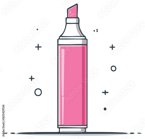 Cartoon style pink highlighter marker, school stationary, office supply, sketch illustration