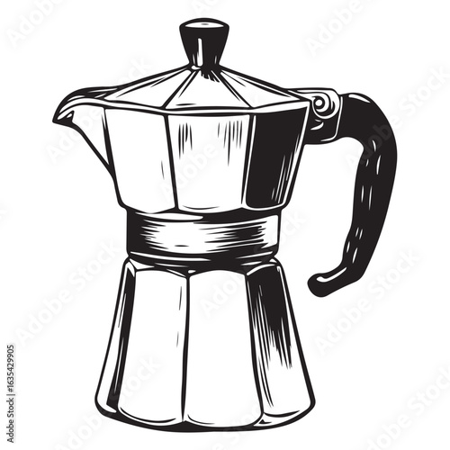 Black and white illustration of a moka pot coffee maker stovetop espresso maker Italian coffee maker 
