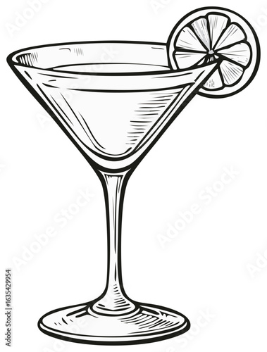 Stylized Cocktail Illustration Martini Glass with Citrus Garnish in Black and White
