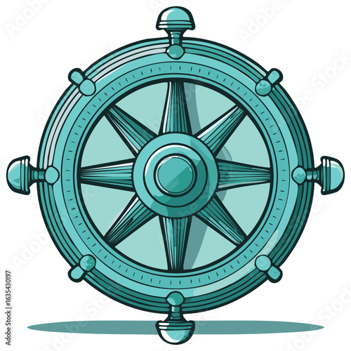 Nautical Ship Wheel Illustration in Teal, Ocean Navigation Steering Helm and Marine Adventure Graphic