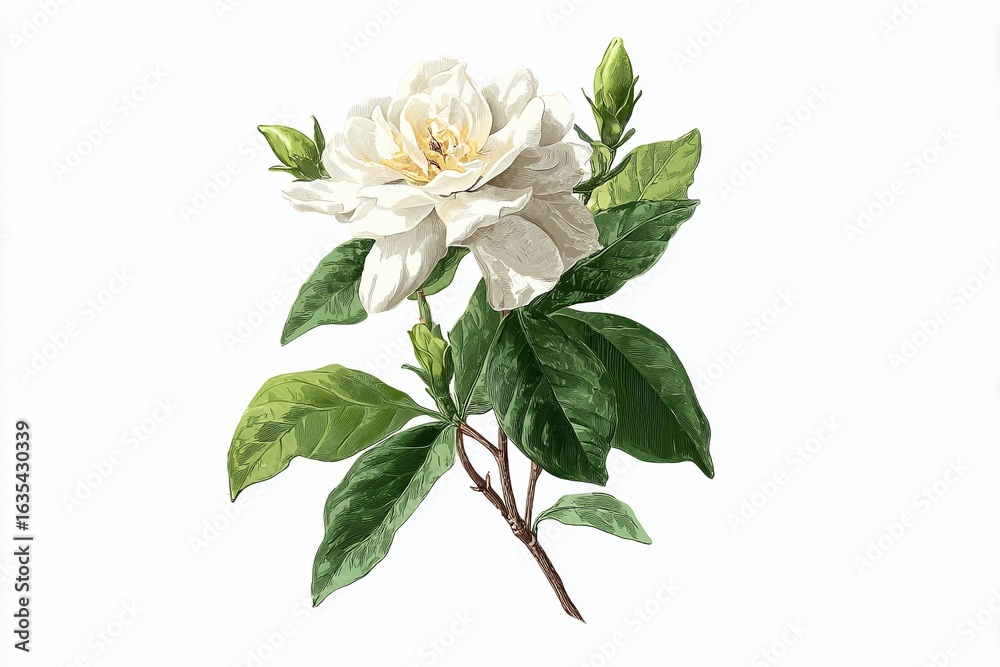 Obraz premium Exquisitely Detailed Botanical Illustration of a White Gardenia A CloseUp View of Floral Delicacy