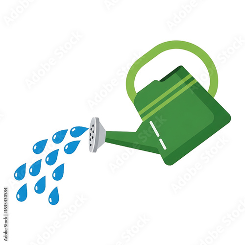 Green Watering Can Pouring Water Drops Illustration White Background Gardening Concept