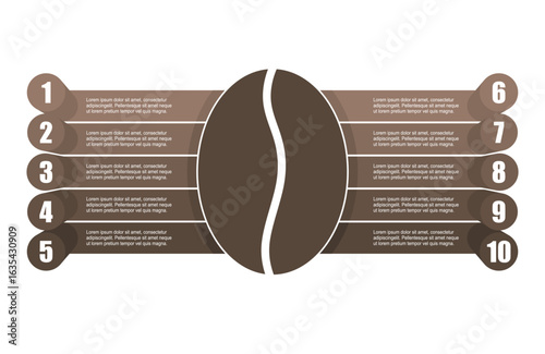 Coffee bean icon with ten features or option of project to select. Minimal infographic illustration for business and food production information visualization.