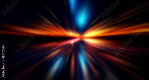 Blurred abstract image featuring luminous bokeh lights in orange and blue hues. Dynamic spots spread on a dark background, suggesting motion and vibrant energy.