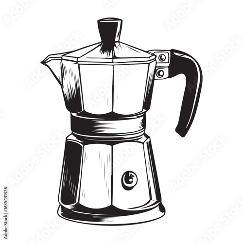 Black and white illustration of a moka pot coffee maker stovetop espresso maker Italian coffee maker 
