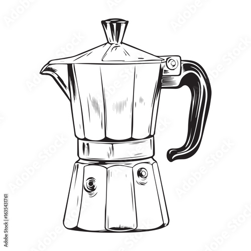 Black and white illustration of a moka pot coffee maker stovetop espresso maker Italian coffee maker 
