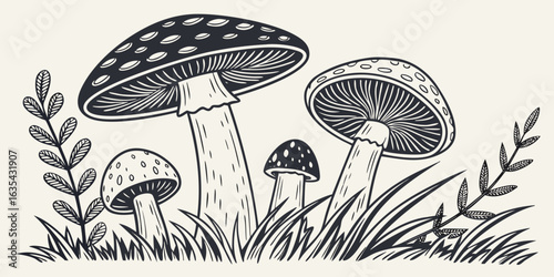 Vector illustration of mushrooms and toadstools in autumn grass, capturing the essence of wild forest fungi