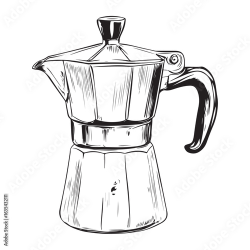 Black and white illustration of a moka pot coffee maker stovetop espresso maker Italian coffee maker 
