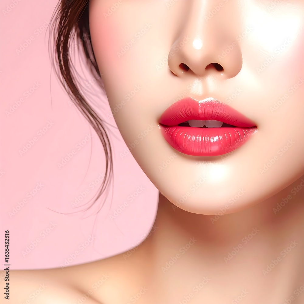 Close-up of woman's lips and lower face, soft pink background, glossy lip color Close-up of woman's lips and lower face, soft pink background, glossy lip color