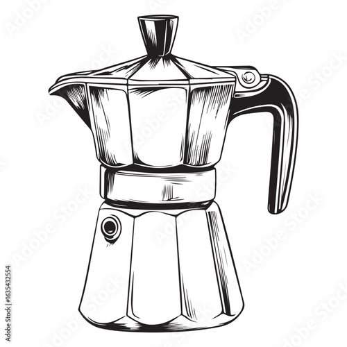 Black and white illustration of a moka pot coffee maker stovetop espresso maker Italian coffee maker 
