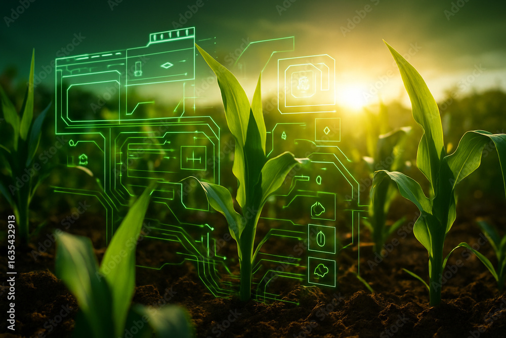 Fototapeta premium AI generated corn field with glowing data dashboard overlay representing smart farming precision control and sustainable agriculture in modern technology environment