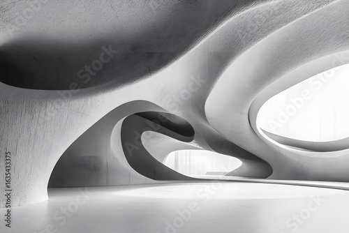 Abstract architecture with curved walls and openings in a minimalist white and gray color palette