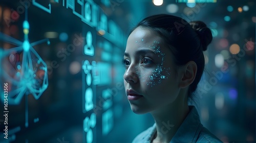 Young Woman Observing Futuristic Interface  Teal Digital Overlay on Face  City Lights Background