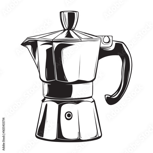 Black and white illustration of a moka pot coffee maker stovetop espresso maker Italian coffee maker 
