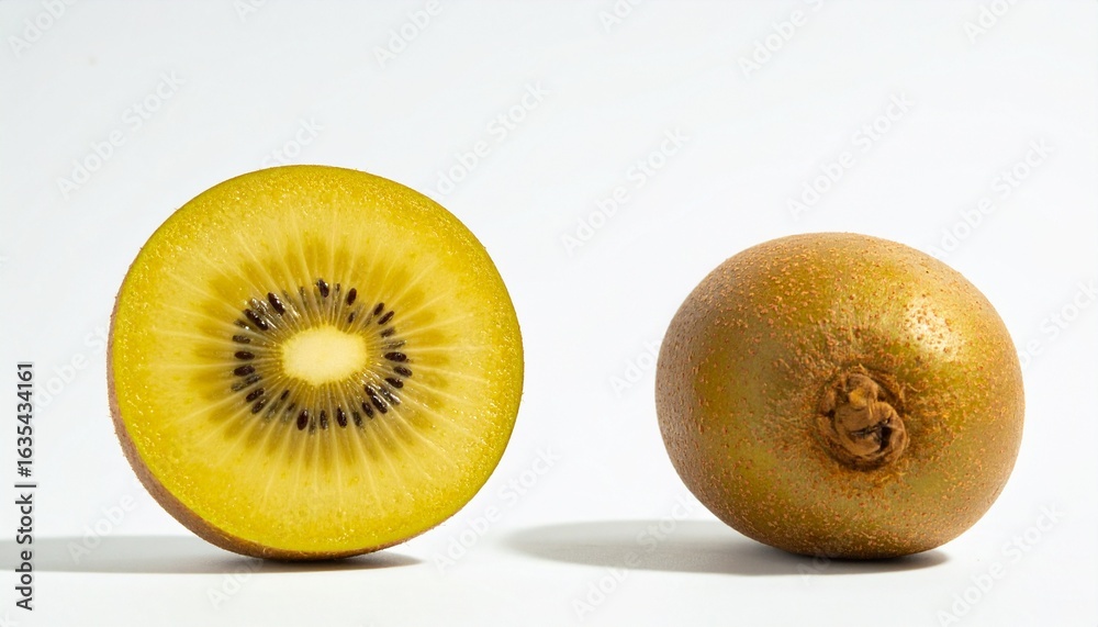 © art - Vibrant golden kiwi halves showcase bright yellow flesh and healthy seeds, perfect for food blogs