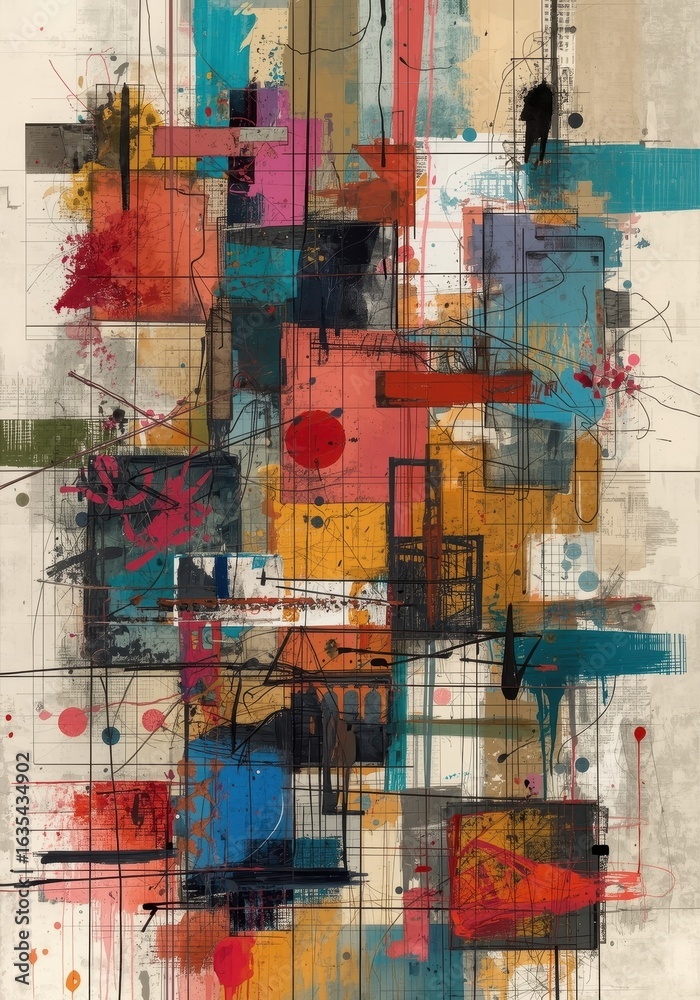 Naklejka premium Colorful Abstract Geometric Painting with Dynamic Lines and Shapes