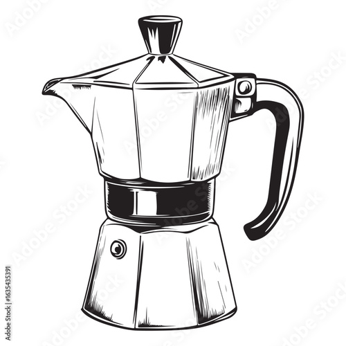 Black and white illustration of a moka pot coffee maker stovetop espresso maker Italian coffee maker 
